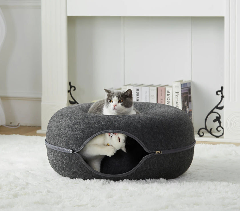 24 Inch Large Donut Cat Bed - Spacious Peekaboo Cat Cave for Multiple Cats up to 30 Lbs, Detachable and Washable Wool Felt Tunne