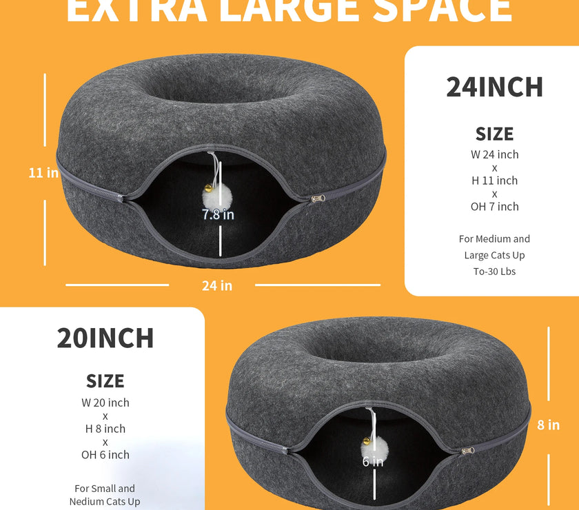 24 Inch Large Donut Cat Bed - Spacious Peekaboo Cat Cave for Multiple Cats up to 30 Lbs, Detachable and Washable Wool Felt Tunne