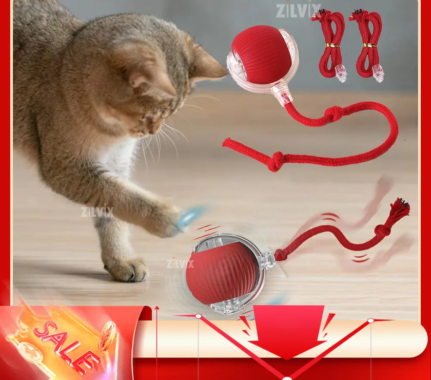 Cat Interactive Ball Toy Automatic Rolling Ball Faux Tail Rechargeable Smart Pet Electric Toy Dog Cat Training Imitate Mouse