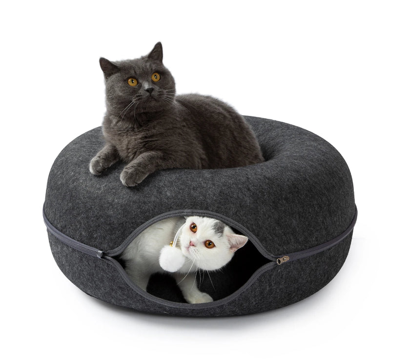 24 Inch Large Donut Cat Bed - Spacious Peekaboo Cat Cave for Multiple Cats up to 30 Lbs, Detachable and Washable Wool Felt Tunne