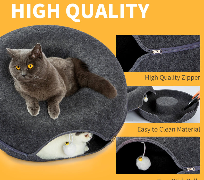 24 Inch Large Donut Cat Bed - Spacious Peekaboo Cat Cave for Multiple Cats up to 30 Lbs, Detachable and Washable Wool Felt Tunne