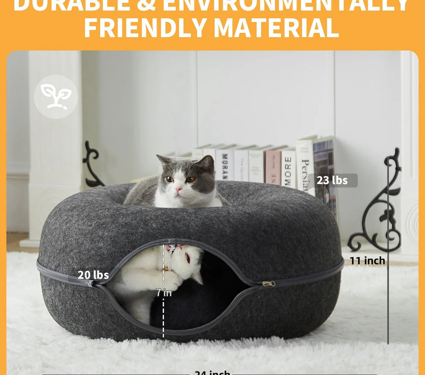 24 Inch Large Donut Cat Bed - Spacious Peekaboo Cat Cave for Multiple Cats up to 30 Lbs, Detachable and Washable Wool Felt Tunne