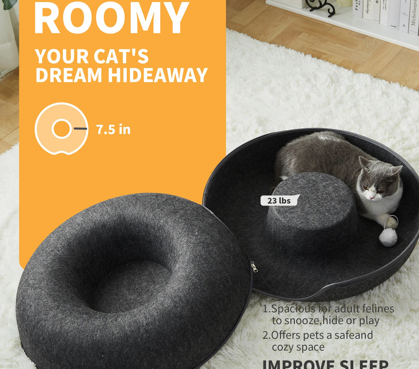 24 Inch Large Donut Cat Bed - Spacious Peekaboo Cat Cave for Multiple Cats up to 30 Lbs, Detachable and Washable Wool Felt Tunne